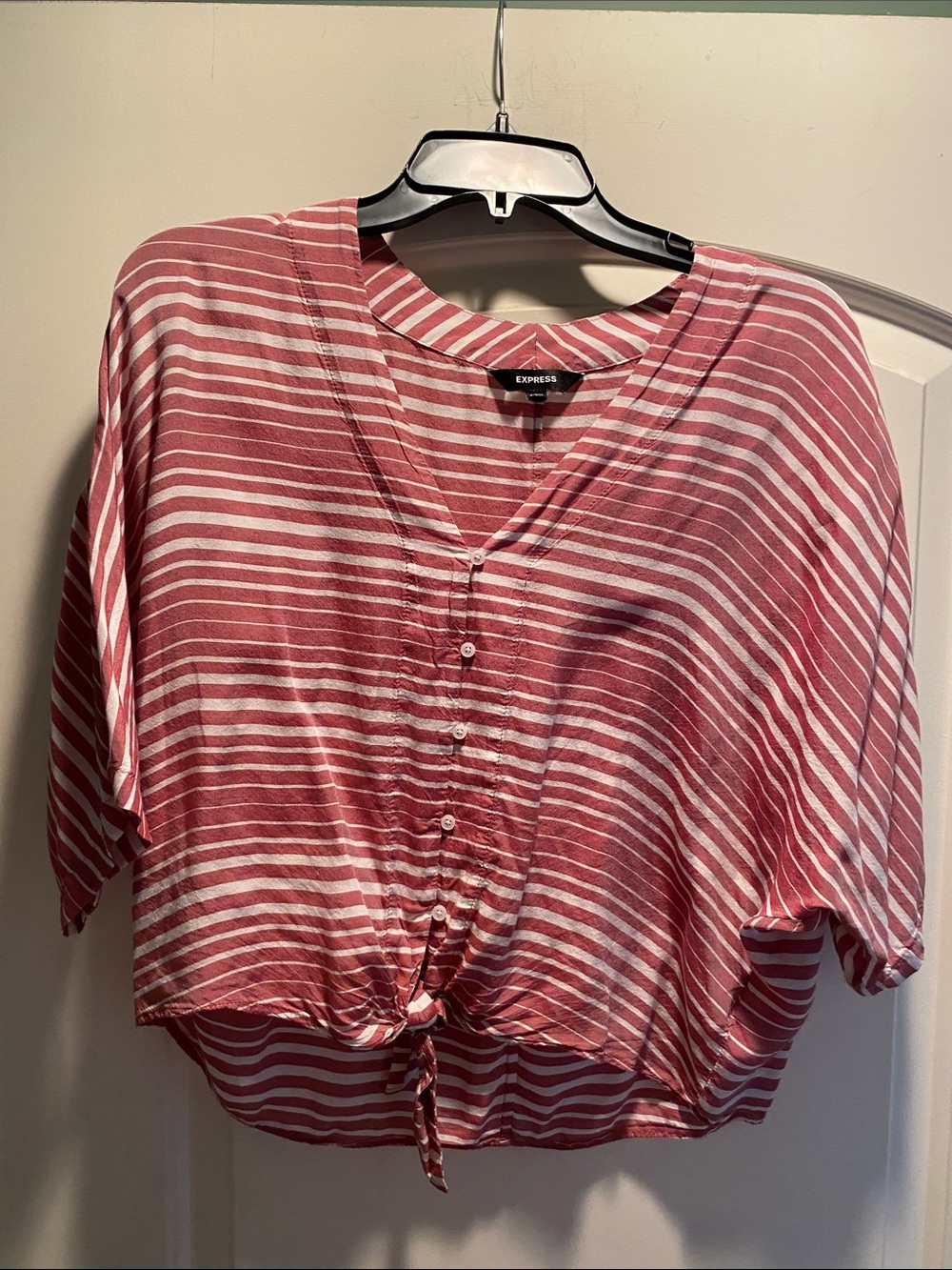 Express Pink and White Striped Front-Tie Button Top